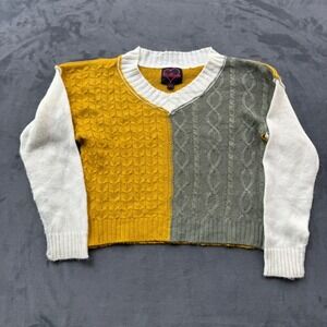 Chillipop Girls Colorblock Cable Knit Sweater Mustard Green Cream Size M 10/12